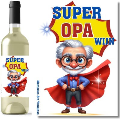 Wijnetiket opa cadeau – Super Opa wijn – grappig verjaardag of Vaderdag cadeau