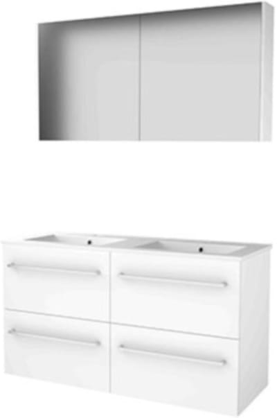 Basic-Line Comfort 46 Badkamermeubelset - 120 x 46 cm - Met Grepen - 4 Lades - Keramische Wastafel - 2 Kraangaten - Spiegelkast - Ice White