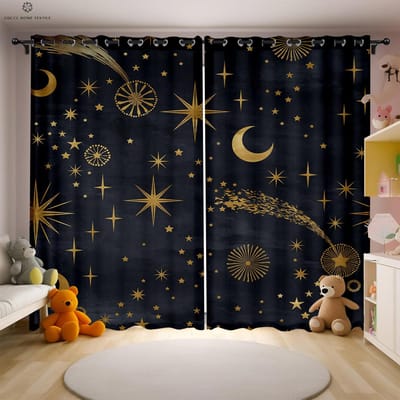 Cartoon Sterren, Maan En Wolken Bedrukte Gordijnen Voor Kinderkamer Decoratie Gordijnen Polyestervezel Makkelijk Te Wassen En Te Onderhouden W50xH130(CM)x2PCS&Grommet Top