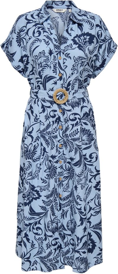 Only blauwe dames jurk   Punt kraag   Regular fit   Steekzakken   Bloemen patroon   Knoopsluiting   Korte mouw Blauw M