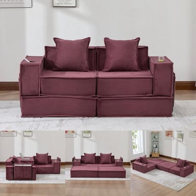 Multifunctionele 2-Zits Bank, Moderne Tweepersoons Slaapbank met een Comfortabele Stoffen Bank en twee Kussens, Een Stijlvolle, Decoratieve Voetenbank met Opbergruimte aan de Zijkant en Bekerhouders, Ideaal voor Leeshoekjes, Speelkamers, enz.-Rood