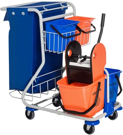 Schoonmaakkar - Schoonmaakwagen - met 2x18L & 2x6L Emmers - Dweilkar - Mobiele Huishoudkar - Dweil Emmer - Schoonmaakemmer - met 4 Wielen - met Dweilwringer en Opbergmand - Blauworanje