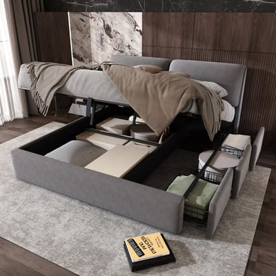 MIVRAY Gestoffeerd Bed 180x200 cm - Tweepersoonsbed Met 3 Laden En Hydraulische Opbergruimte - Zonder Matras - Samtstof - Grijs