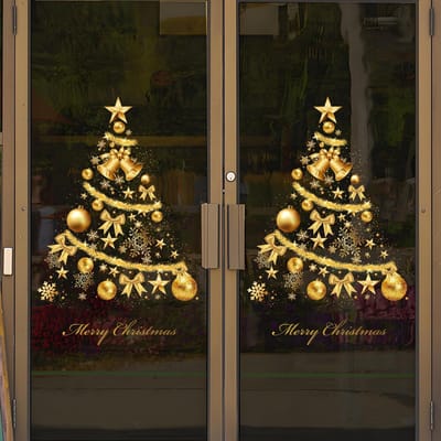 Cosensi- Raamstickers Kerst - Gouden Kerstboom/ Sterren - Raamstickers Winter - Raamstickers Feestdagen - Decoratie voor Vensters/ Deuren - Statistische Plakmaterialen - Kerstdecoratie