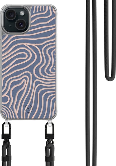 Hoesje met koord geschikt voor iPhone 14 - Flowing lines - Inclusief zwart koord - Crossbody beschermhoes - Transparant, Paars - Mooie Telefoonhoesjes