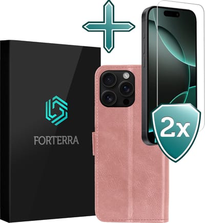 Hoesje Met 2x Screenprotector - Geschikt voor Apple iPhone 16 Pro - Luxe Pasjeshouder - Flip Case - Bookcase Portemonee - Kunstleer Book Case - Flipcase Hoes - Book Cover - Walletcase - Portemonneehoes - Rosé goud