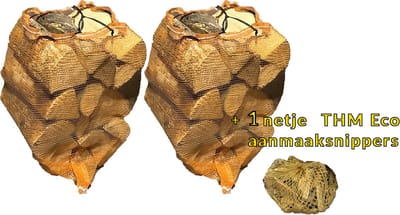 Haardhout Berken 22L Oven gedroogd in netzak circa 8 kg per net - 2 stuks || 30 CM blokken || met 1x THM Eco Aanmaaksnippers in netje