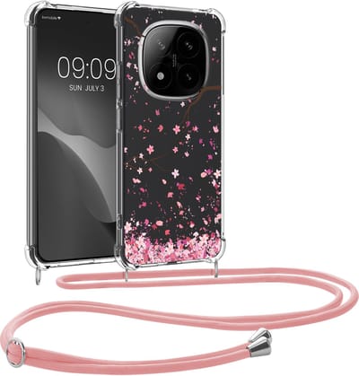 kwmobile telefoonhoesje geschikt voor Xiaomi Redmi Note 14 Pro 5G / Poco X7 - Hoesje met telefoonkoord - Back cover voor smartphone - Case in poederroze / donkerbruin / transparant
