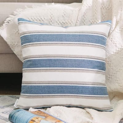 Sierkussenhoes Linnen Look - Kussenhoes Vierkant - Bank en Bed - Verborgen Ritssluiting - 60x60 cm - Marineblauw Wit