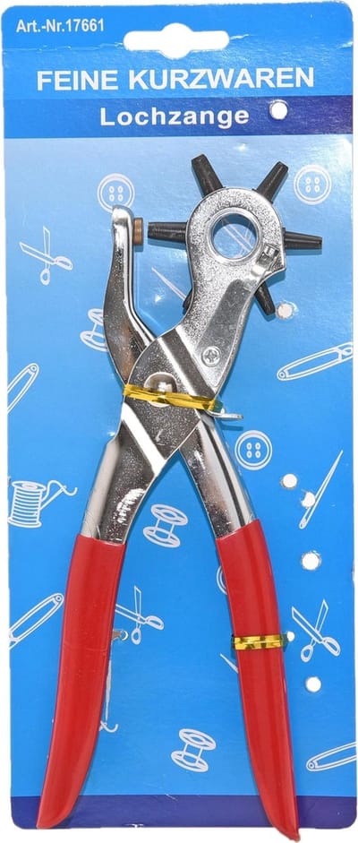Gaatjestang - ponstang met antislip handvat - 21 cm - 6 maten gaatjes - Revolvertang - Oogjestang - Gaatjesmaker