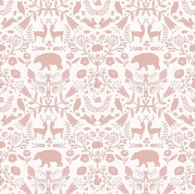 Behang - Kinderkamer – Bosdieren – Roze - Wit - Babykamer - Kinderbehang – Dieren Silhouetten - 0,53 x 10,05 M