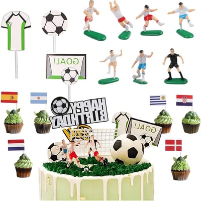 Sportthema Voetbal Taartdecoratie Set met 28 Stukken, Herbruikbare Verjaardagstaart Topper en Armbanden voor Jongens Feestjes en Kinderen