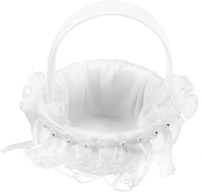 Bloemenmand Bruiloft - Strooi Mand Meisje - Bruiloft Decoratie - Met Kant en Lint - 14.5 cm Hoog - Wit