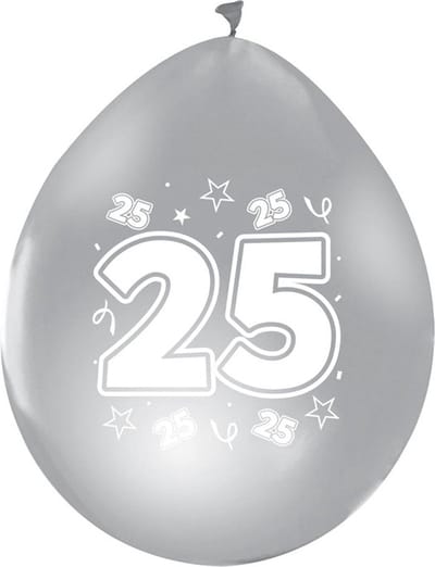 25 jaar Ballonnen zilver metalic - 8 stuks 12 inch - dubbelzijdig .