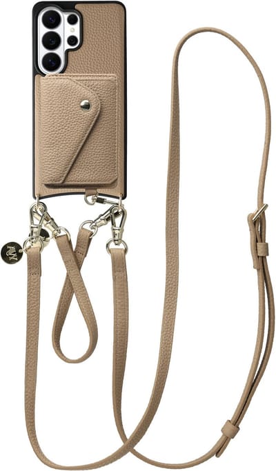 AVY Leren Hoesje geschikt voor Samsung Galaxy S26 Ultra | Met Koord en Magnetische Kaarthouder | Compatibel met MagSafe | Leather Case met 30CM & 130CM Koord & Wallet | Leather Set | Beige