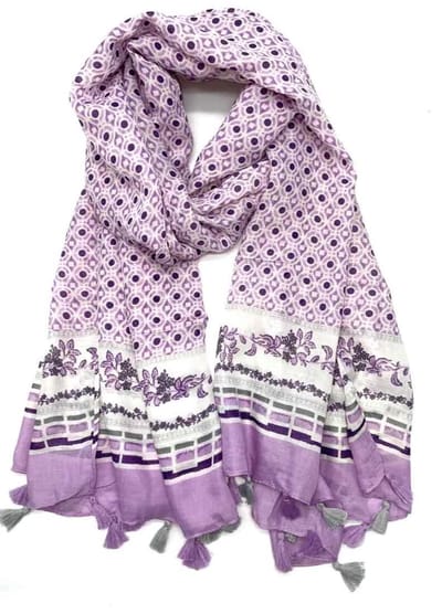 Lange dames sjaal Kathleen-fantasiemotief-paars wit lila mauve grijs antraciet