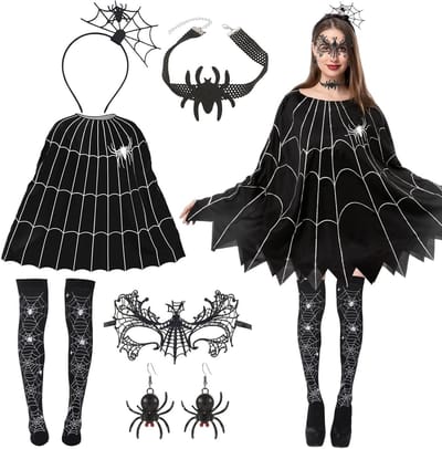 Halloween kostuum voor dames, vleermuis set met spinnenmasker, haarband en poncho - unieke accessoires voor een spookachtige feestlook