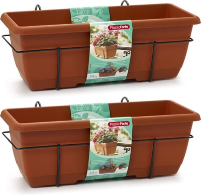 Plasticforte Balkonbak - 2x - terracotta bruin - 50 cm - plantenbak met hanger - bloembak