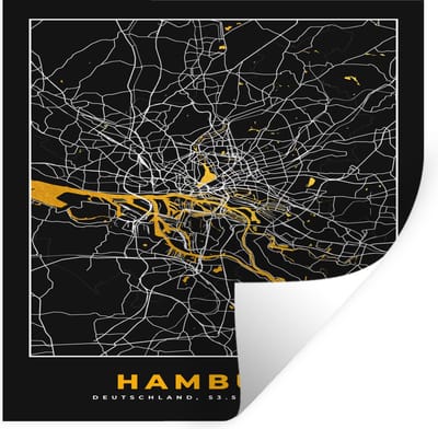 Muurstickers - Sticker Folie - Hamburg - Duitsland - Kaart - Goud - Plattegrond - Stadskaart - 100x100 cm - Plakfolie - Muurstickers Kinderkamer - Zelfklevend Behang XXL - Zelfklevend behangpapier - Stickerfolie