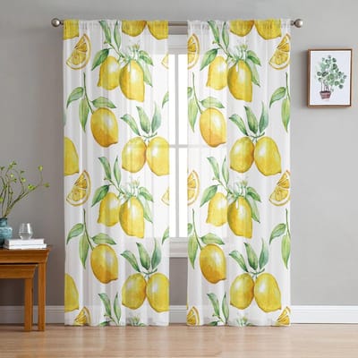 Rideaux Voilages Citron Feuilles Fleurs d'Été idéaux pour Chambre à Coucher Espace Salon Décoration Ouverture de Fenêtre Rideau Espace Cuisine Rideaux Voile Tulle Organza W135 x H115cm x1&Rod Pocket