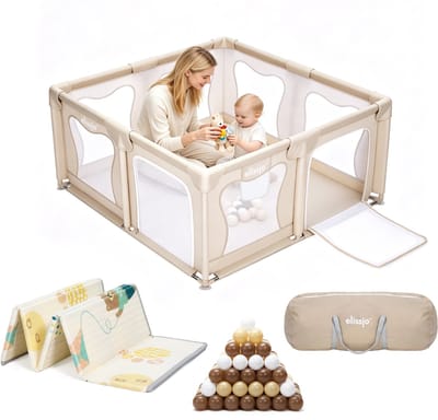 Elissio® - Grondbox Baby – Inclusief Dubbelzijdige Speelmat – Baby Speelbox met 50x Speelballen - Kinderbox - Playpen - 120x120 CM - Beige