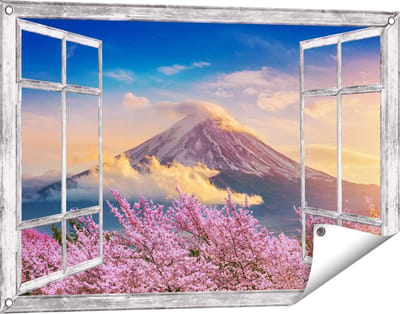 Gards Tuinposter Doorkijk Fuji Berg met Roze Bloesembomen - Bloemen - 90x60 cm - Tuindoek - Tuindecoratie - Wanddecoratie buiten - Tuinschilderij