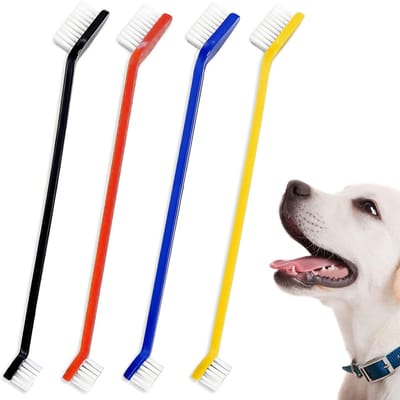 Crrynuo - 4 Stuks Dubbele Tandenborstel - Mondreiniging Huisdieren - Hondentandenborstel - Zwart-Rood-Blauw-Geel - Zacht Materiaal - Ergonomische Handgreep - 22cm