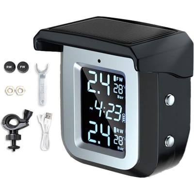 Zonne-energie motorfiets bandenspanningsdetector Draadloos bandenspanningscontrolesysteem TPMS zwart