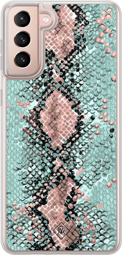 Casimoda® hoesje - Geschikt voor Samsung Galaxy S21 - Slangenprint pastel mint - 2-in-1 case - Schokbestendig - Slangenprint - Verhoogde randen - Groen, Transparant