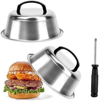 PromoHome Set van 2 Hamburgerklokken met Smeltende Koepelafdekking - Roestvrijstalen Voedselbeschermers voor Grill en Teppanyaki - Ideaal voor Cheeseburgers en Andere Gerechten - 22 x 22 x 7,5 cm