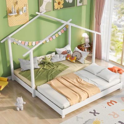 Kinderbed Huis - Uitklapbaar Bed - Slapen en Spelen - Duurzaam Houtontwerp - 90/180 x 190 cm - Wit