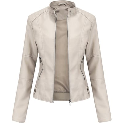 Damesleren jas Dames slanke jas Dunne lente- en herfstjas Dames motorjas Grote maat Opstaande kraag Leren jas 2XL white