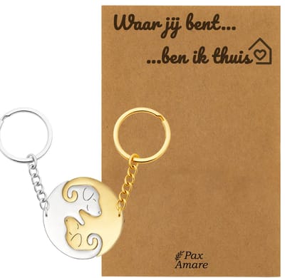 Koppel Sleutelhanger voor 2 'Waar jij bent, ben ik thuis' - Schattige Hondjes - Sleutelhanger set op Cadeau Kaartje - Goudkleurig & Zilverkleurig - Persoonlijke Hanger - Pax Amare