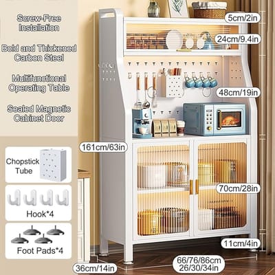 Keukenrek 5-laags Opvouwbaar met Deurtjes en Haken – 76 x 161 cm Magnetronrek & Opbergrek Zonder Schroeven voor Keuken, Pantry, Garage en Woonkamer