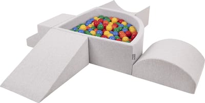 KiddyMoon Schuimspeelplaats met kwartcirkelvormig Ballenbad - ∅7cm 200 Ballen - Speeltoestel met Helling Wig Halve rol Trede - Ballenbak ballen voor baby - Schuimspeelset voor kinderen - Hindernisbanen - Lichtgrijs: Geel Groen Blauw Rood Oranje