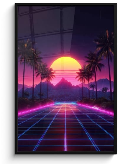 Poster in lijst - Fotolijst 80x120 cm - Posters - Horizon - Palmbomen - Bergen - Geel - Posterlijst zwart - Decoratie - Wanddecoratie woonkamer - Muurdecoratie slaapkamer