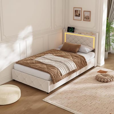 Gestoffeerd Bed - Opbergbed Boxspring - Slaapkamer Organiseren - Hydraulisch Opbergsysteem - 90x200 cm - Beige