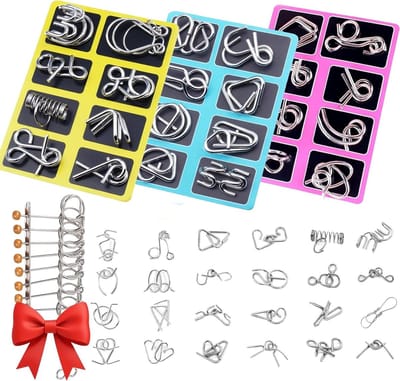 Metalen Montessori Puzzels - Hersenkrakers Set - Logisch Denken Trainen - 24 Verschillende Uitdagingen - 5 cm - Zilverkleurig