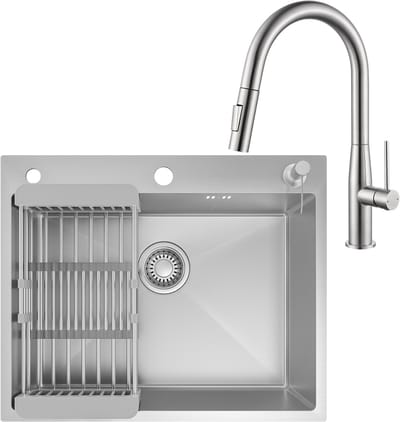 CECIPA max Spoelbak voor keuken 60x49CM - Spoelbakken Met Kraangat en Keukenkraan Met Uittrekbare Uitloop - Spoelbak Met Zeepdispenser - Incl. Sifon en Waterafvoersysteem - RVS