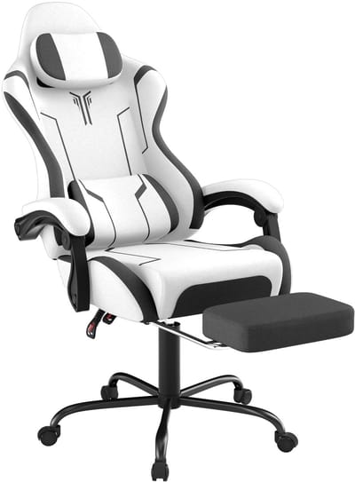 Ergonomische Gamingstoel, Comfortabele Game- of Racestoel met Massage en Voetensteun, Verstelbare Rugleuning, Hoofdsteun en Massage-lendenkussen, Wit, NAIZY