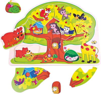 Kinderpuzzel Dieren - Motoriekspel Hout - Leren Puzzelen - 12 Delig Ontwerp - 30 x 22 cm - Meerkleurig