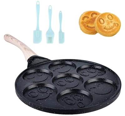 Pannenkoekenpan Zeven Gaten - Omelet Pan - Ontbijt Maken - Vrolijke Smiley Vormen - 26 cm Diameter - Zwart