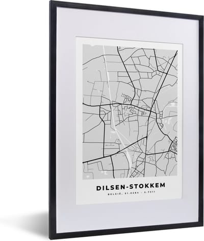 Fotolijst incl. Poster Zwart Wit- Zwart Wit – België – Plattegrond – Stadskaart – Kaart – Dilsen Stokkem - 30x40 cm - Posterlijst