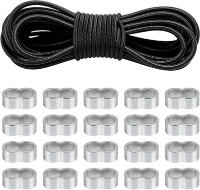 Elastisch rubberen touw 6 mm x 10 m, zwart bungee koord voor kamperen, tuinwerk en zeilen met 20 clips