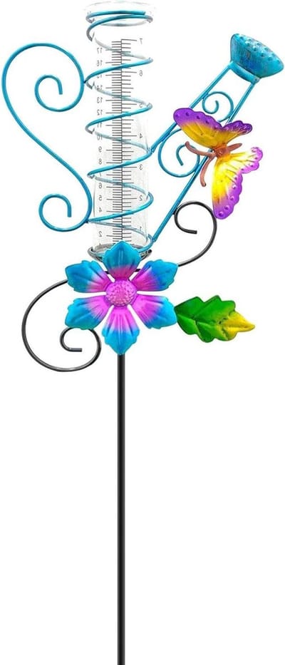 Regenmeter Vlinder Decoratie - Tuindecoratie Regen - Neerslag Meten - Metalen Paal - 7 Inch Capaciteit - Multicolor