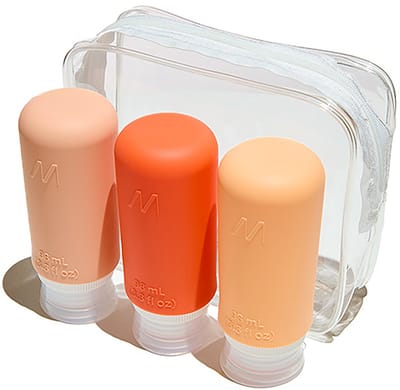 Muitomas Reistas + 3 flesjes - Handbagagevriendelijk - Siliconen - Makkelijke kleurcodering - 3x98ml - Lekvrije doppen - Peach Fuzz