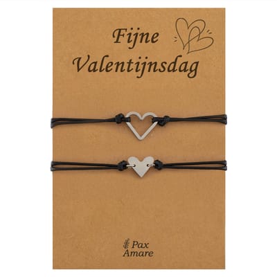 Koppel Armbandjes voor 2 "Fijne Valentijnsdag" - Leuke Hartjes - Vriendschapsarmbandjes met Persoonlijk Cadeau Kaartje - Zilverkleurig - Elastisch Verstelbaar - Pax Amare