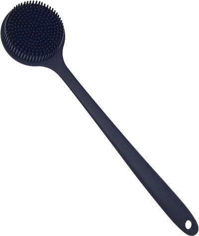 Zachte siliconen badborstel met lange steel voor douche - zwart - Rugschrobber