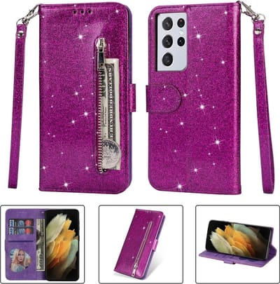 Portemonnee Hoesje - Wallet Case - Rits Sparkly Glitter - Telefoonhoes met Kord Geschikt voor: Samsung Galaxy S20 Ultra - Paars