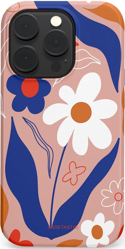 Casetastic hoesje geschikt voor Apple iPhone 14 Pro - MagSafe - Dubbellaagse bescherming - Eenvoud in bloei - Fashion Case - Perzik Donkerblauw Wit